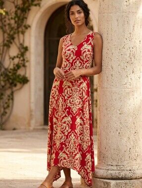 Collection B Red Maxi Dress with Gold Damask Print
